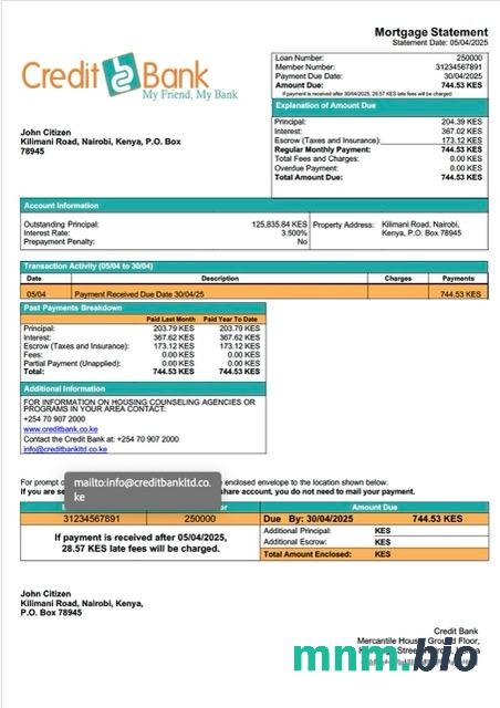 Kenia Bank Kredytowy wyciąg z kredytu hipotecznego szablon Word i PDF